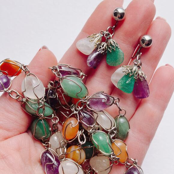VTG Mid Century Gemstone Necklace Earring Set Screwback Multicolor Wire Wrapped - Picture 4 of 9